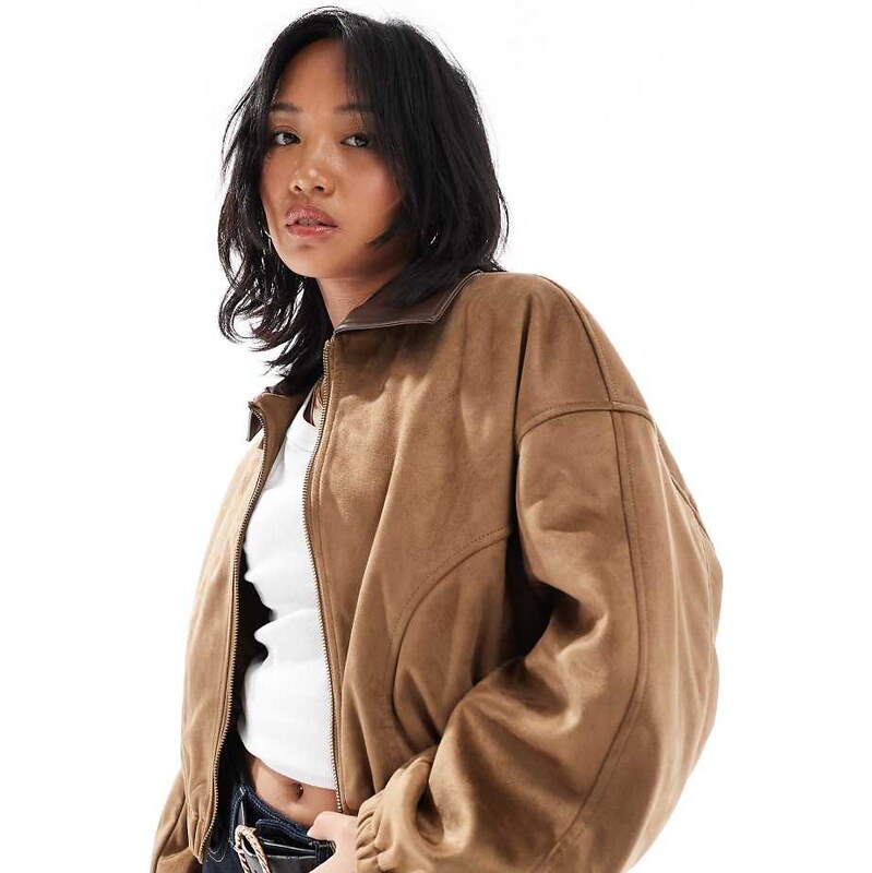 ASOS Petite ASOS DESIGN Petite faux suede bomber jacket in mocha-Brown 107953886