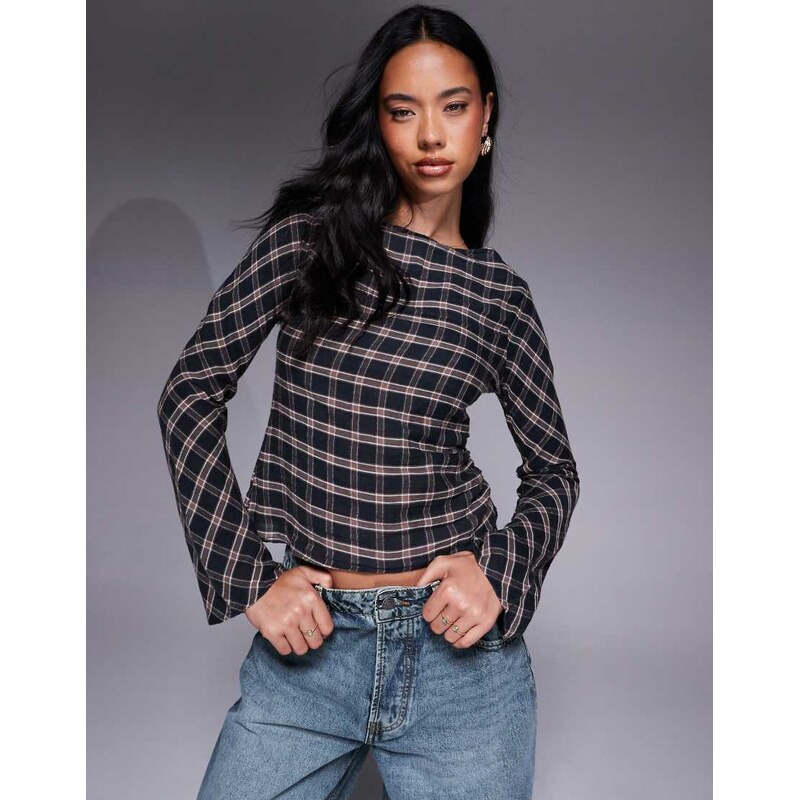 ASOS DESIGN slash neck ruched detail long sleeve top in check