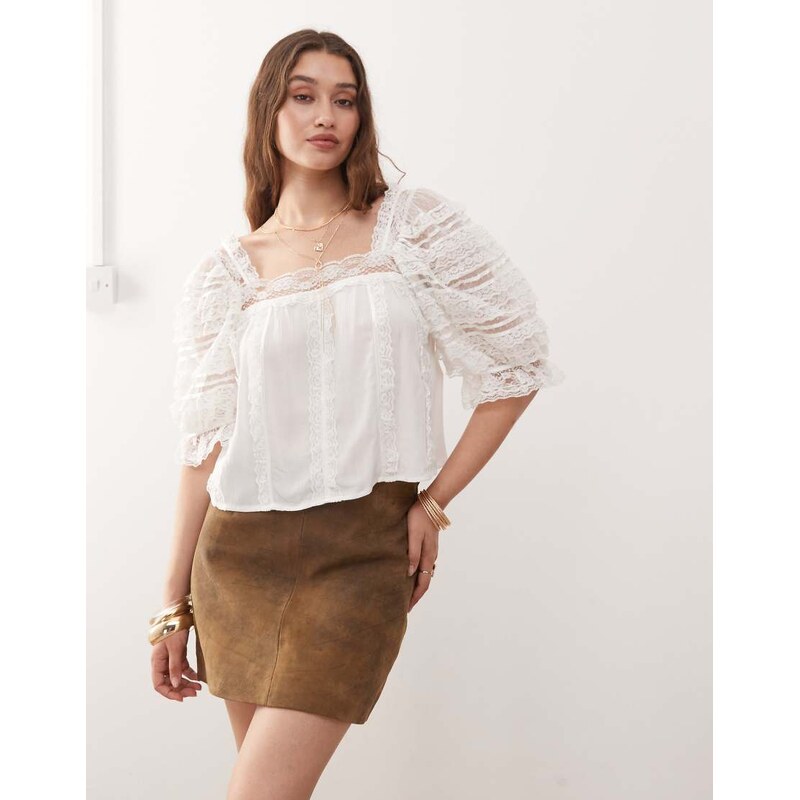 Miss Selfridge lace crochet mix blouse in cream-White 115184235