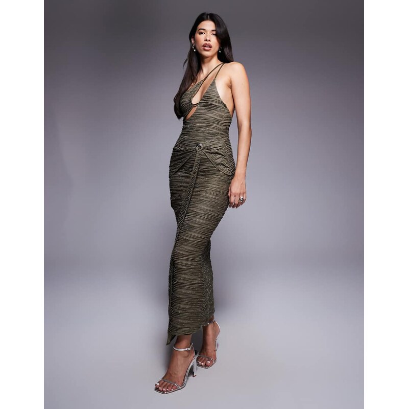 ASOS DESIGN drape waist blue shimmer plisse maxi dress in khaki