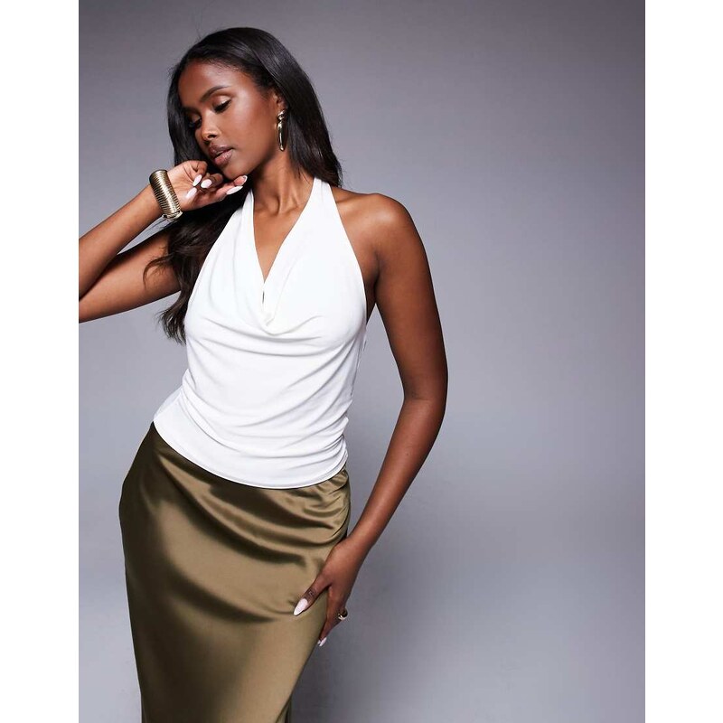 Missyempire double sculpted slinky cowl neck open back top in off 107535124