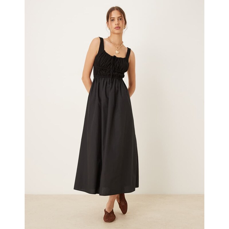 ASOS DESIGN shirred bust cotton mix summer midi dress in black