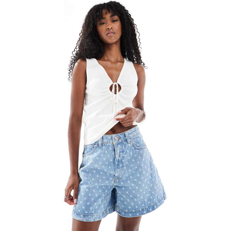ASOS DESIGN denim A line longer short in spot print-Blue