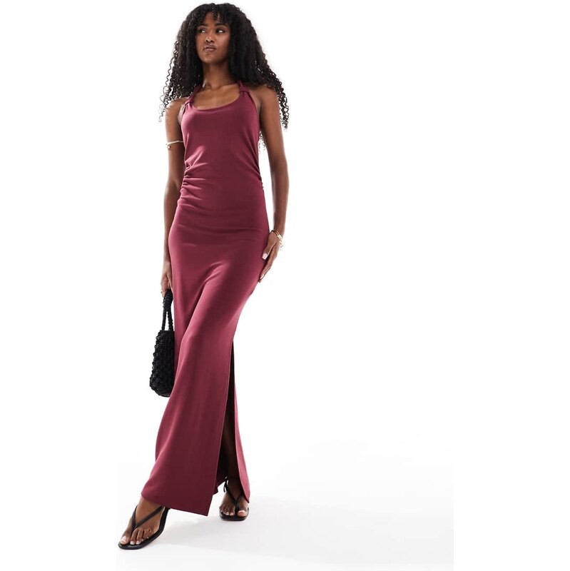 4th & Reckless halterneck knot detail open back side split maxi dress 114894589