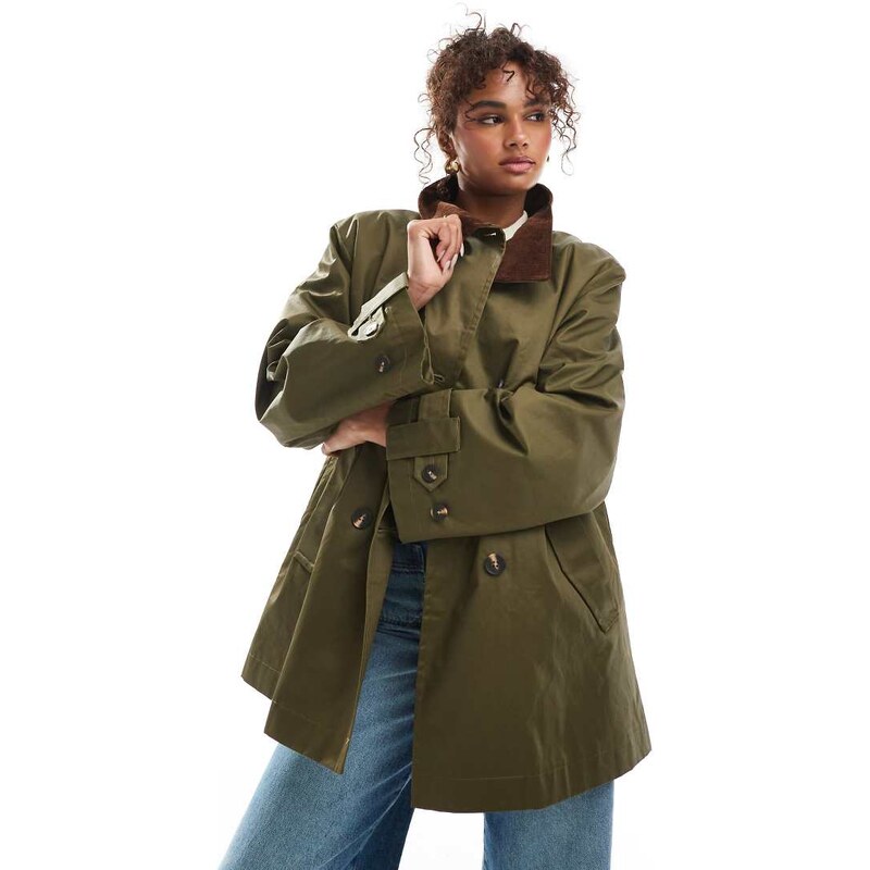 ASOS DESIGN wax trench coat with quilt lining in olive-Green