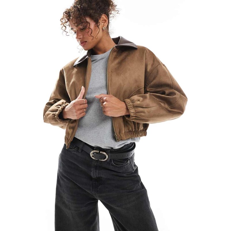 ASOS DESIGN faux suede bomber jacket in mocha-Brown 107535078