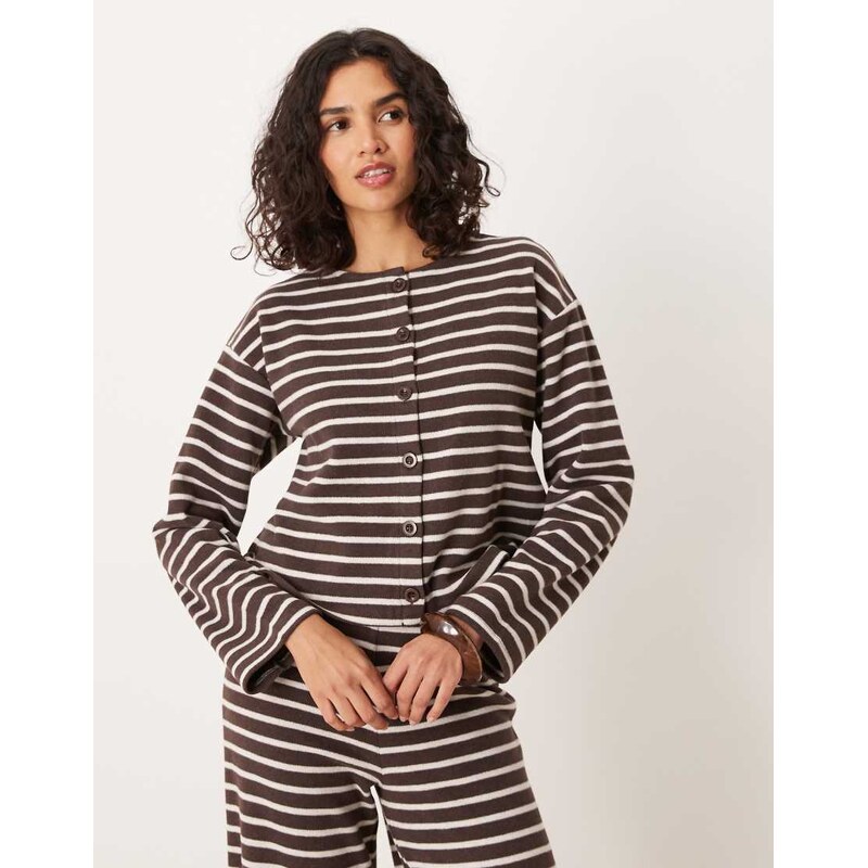 ASOS DESIGN brushed stripe button through long sleeve co ord top in 107535407