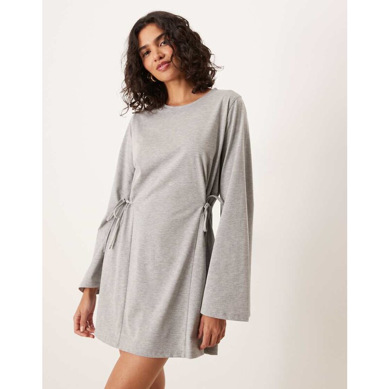 ASOS DESIGN tie side cinched mini dress with long sleeve in grey