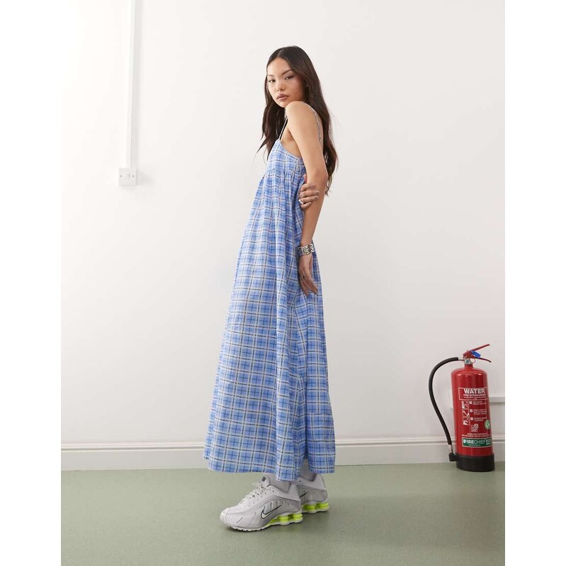 COLLUSION cami woven maxi dress in blue check 115740573