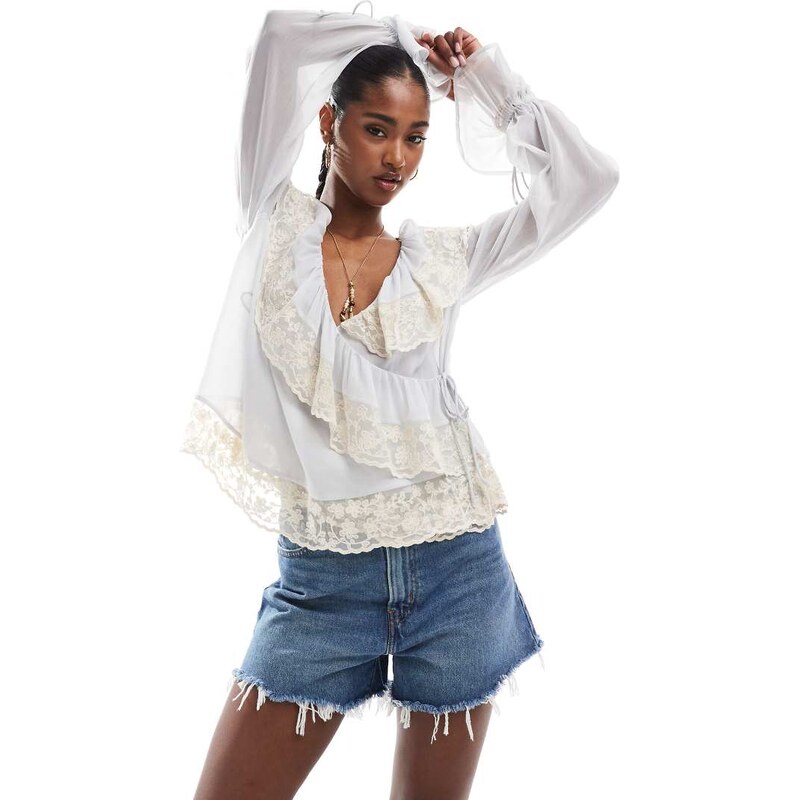 ASOS DESIGN lace trim wrap over sheer top in light blue