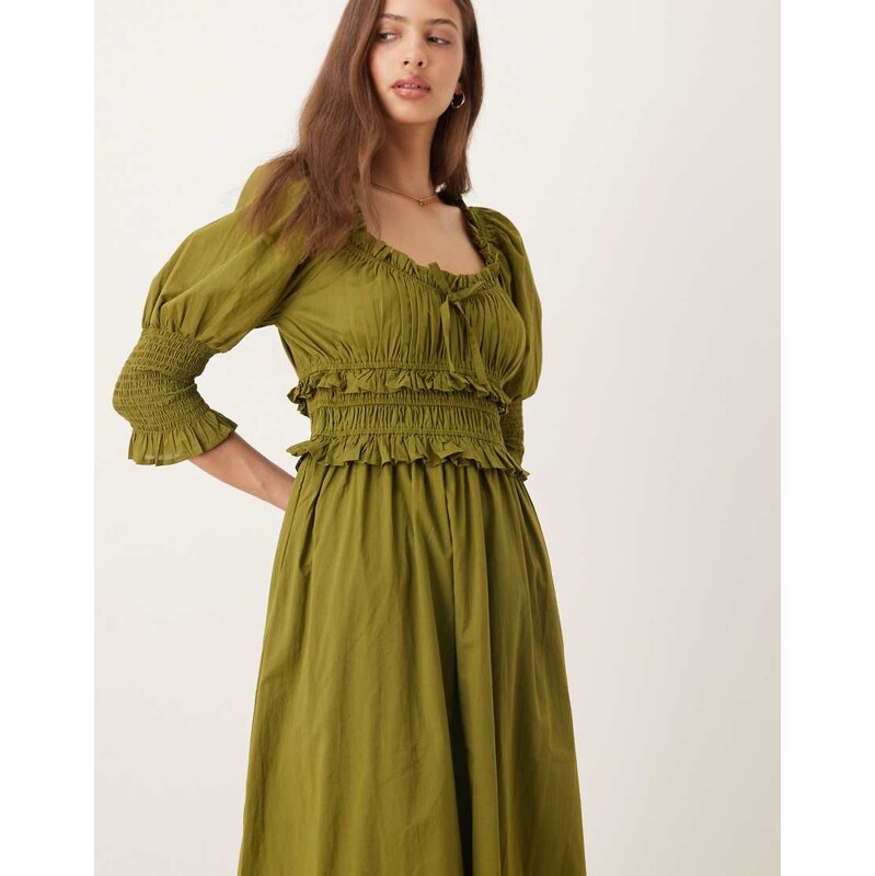 Nobodys Child Ariel milkmaid midi dress in olive green 107737915