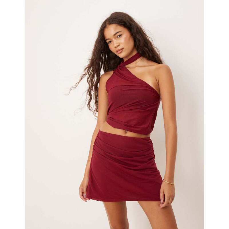 ASOS DESIGN ruched detail mesh mini skirt in berry-Red