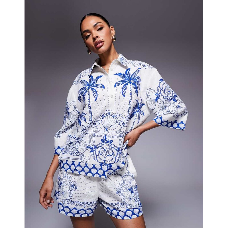 River Island boxy riviera printed shirt in blue 107551102