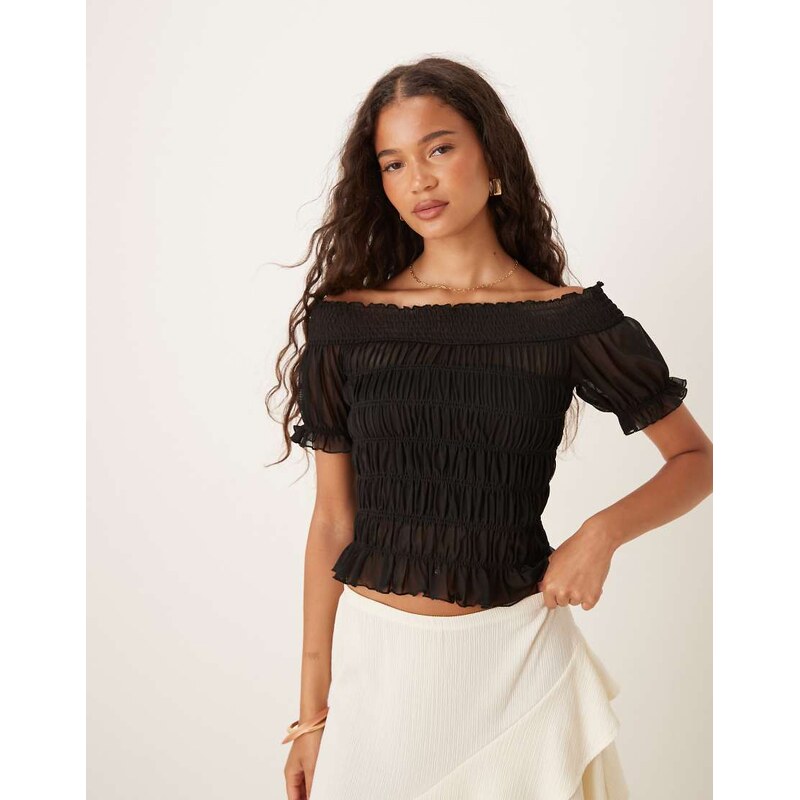 ASOS DESIGN bardot shirred short sleeve top in black