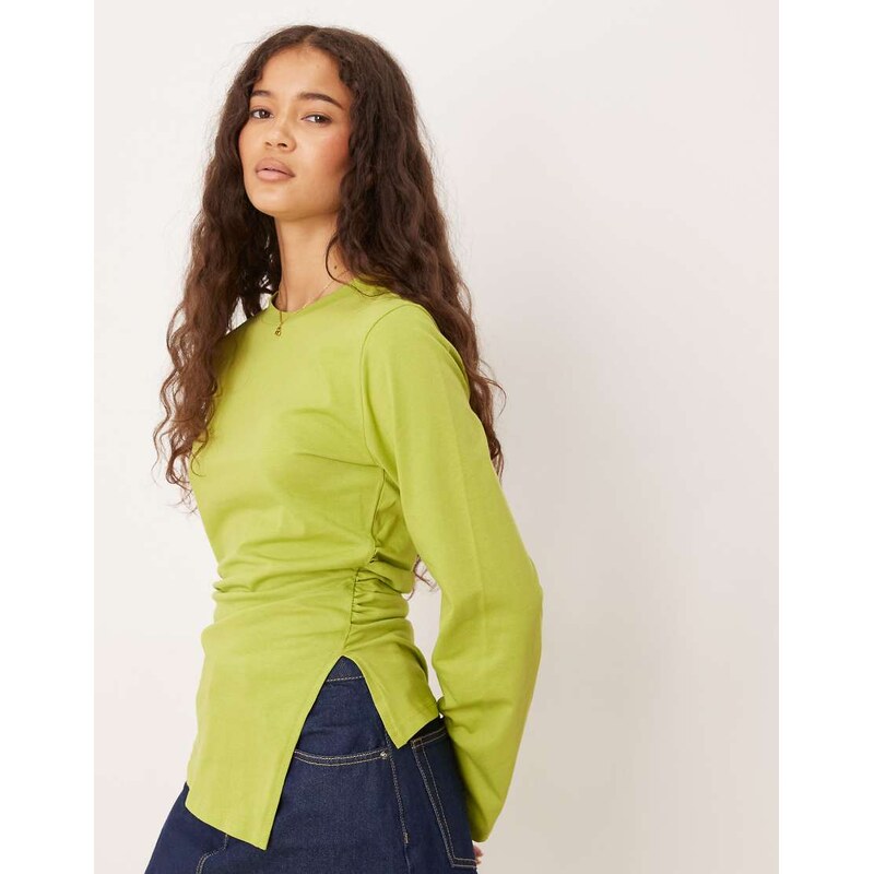 ASOS DESIGN cinched side asymmetric long sleeve top in olive