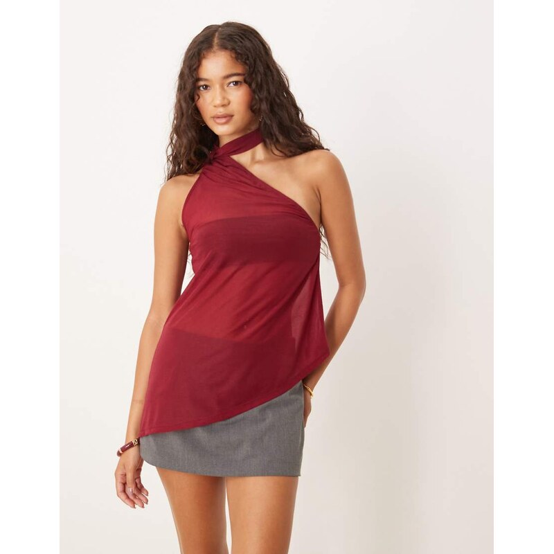 ASOS DESIGN sheer scarf detail asym longline top in burgundy-Red