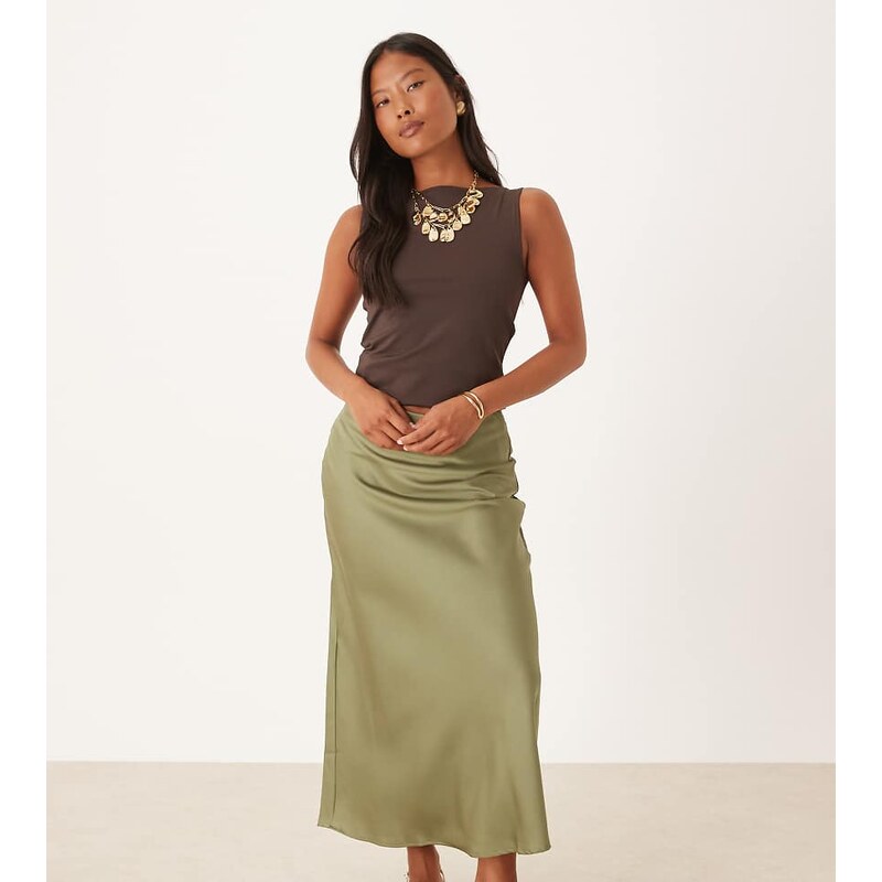Vila Petite satin maxi skirt in oil green 115553050