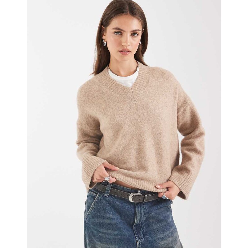 ASOS DESIGN mixed rib v neck jumper in oatmeal-Neutral 109635614