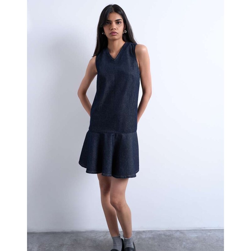 Topshop denim v neck peplum mini dress in indigo rinse-Blue