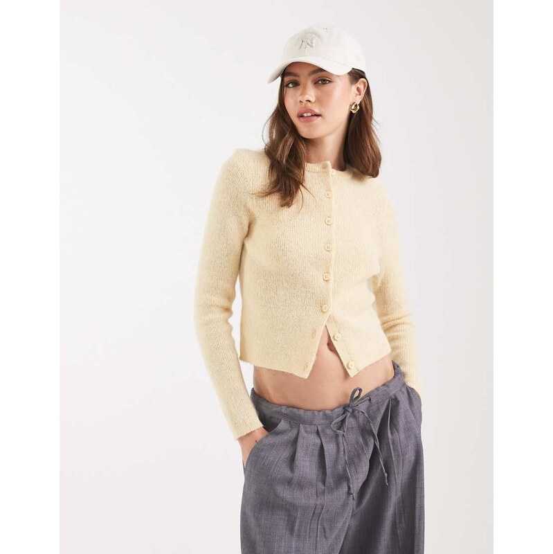 ASOS DESIGN crew neck micro cardigan in buttermilk-Yellow 108305617
