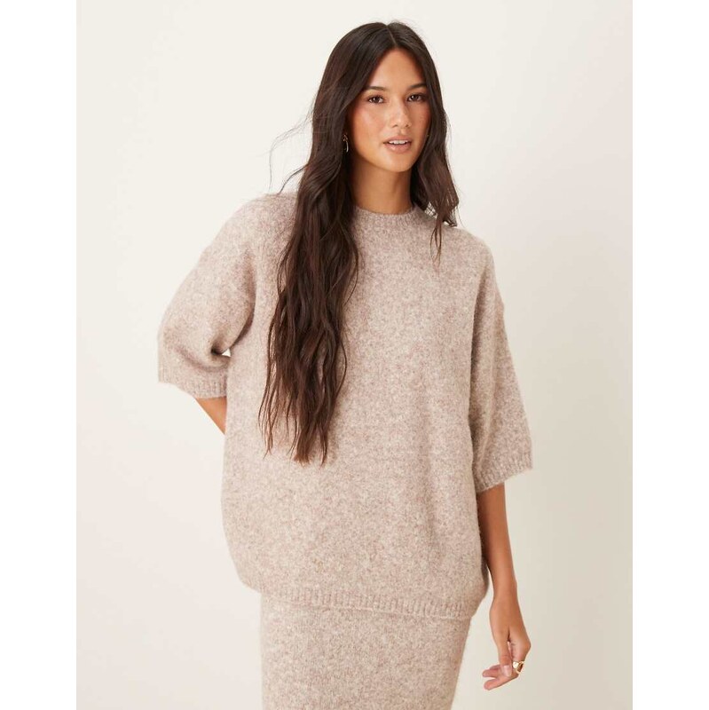 ASOS DESIGN knitted crew neck fluffy t shirt jumper in mushroom