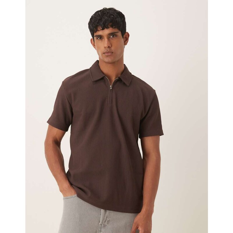Selected plisse half zip polo in brown