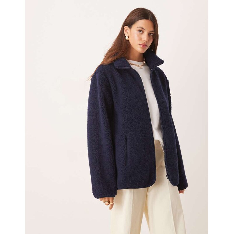 ASOS DESIGN borg zip through fleece in navy 107553515