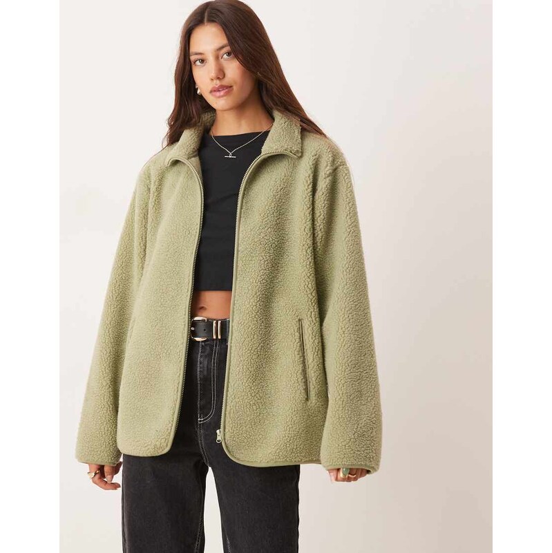 ASOS DESIGN borg zip through fleece in sage green 113261295