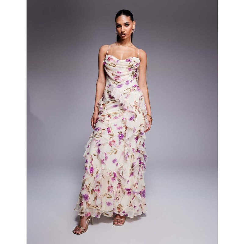 ASOS DESIGN embellished chiffon cami ruffle maxi dress in ivory