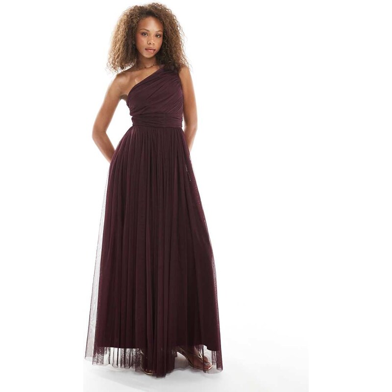 Lace & Beads Bridesmaid one shoulder maxi dress in plum-Red 107553547