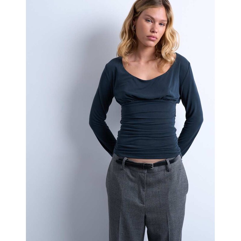 Topshop cupro scoop neck long sleeve ruched top in grey