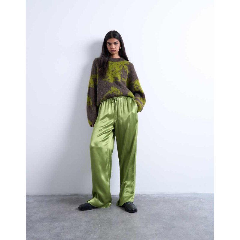 Topshop crinkle satin wide leg trouser in bright green 109605265
