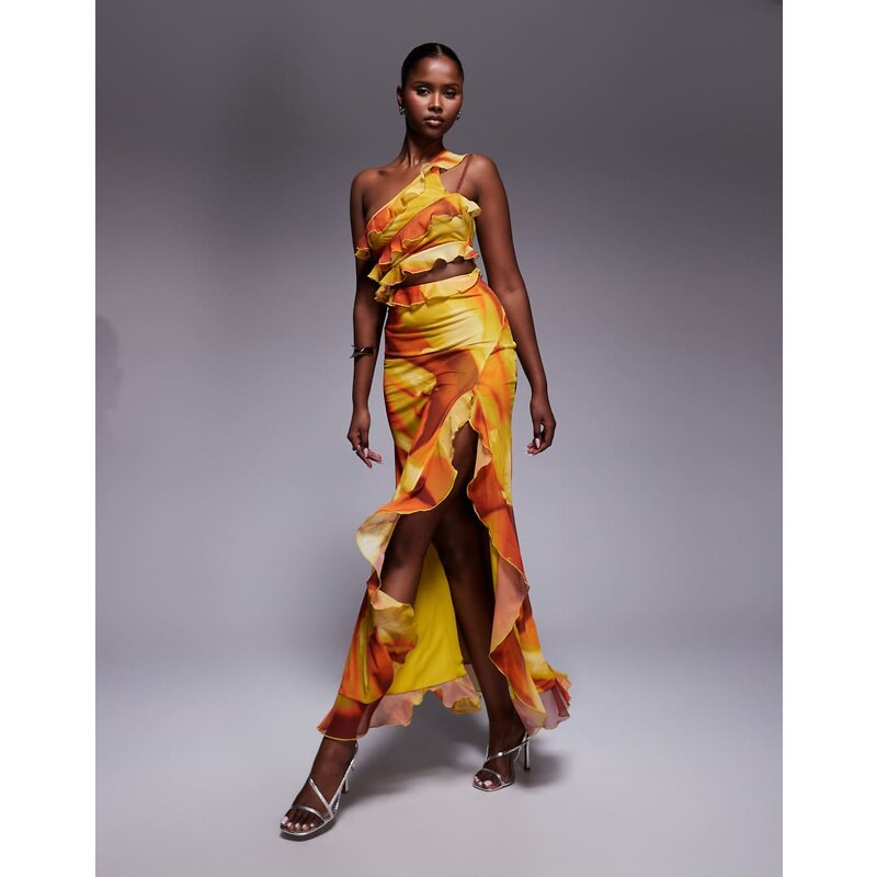 ASOS DESIGN one shoulder ruffle detail maxi dress in orange and