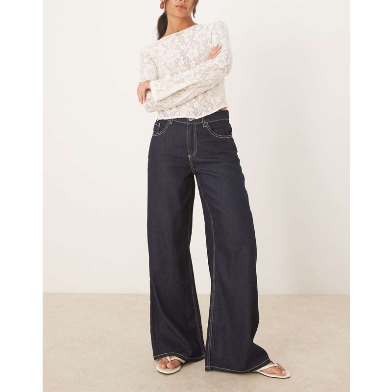 Mango Joy 100% cotton wide leg jean with contrast stitch in indigo 107701718