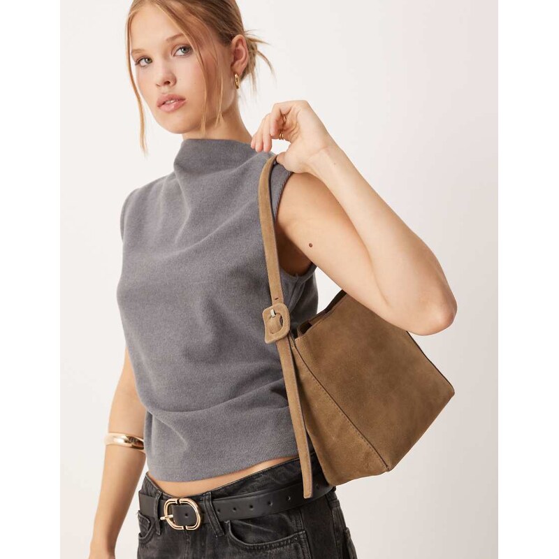 Mango classic square suede shoulder bag in chestnut-Brown 107553638