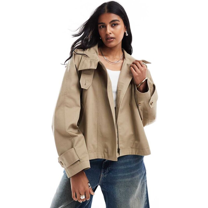 ASOS DESIGN cropped cape detail trench coat in rye-Neutral