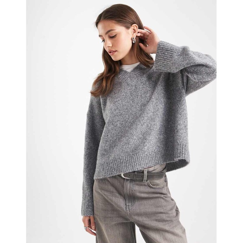 ASOS DESIGN mixed rib v neck jumper in grey 107556899