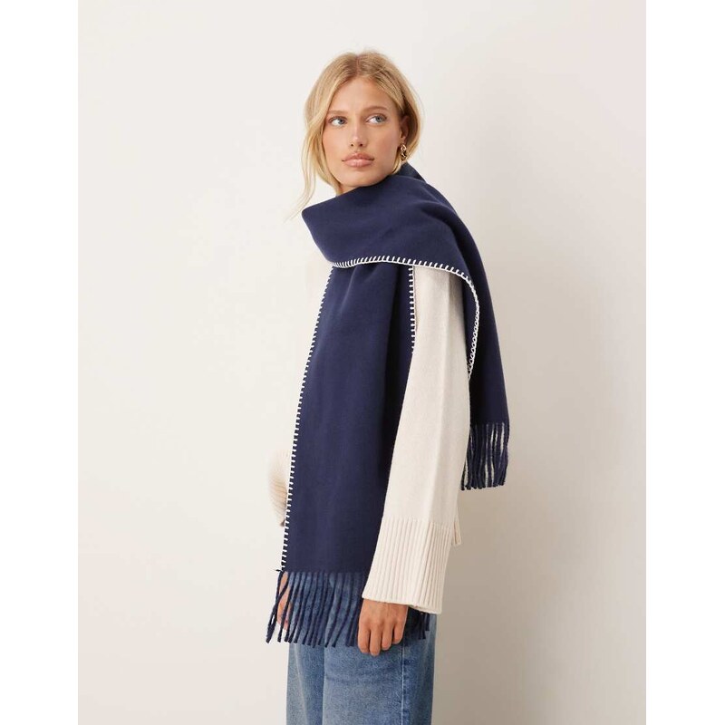 ASOS DESIGN oversized woven scarf with blanket stitch in navy