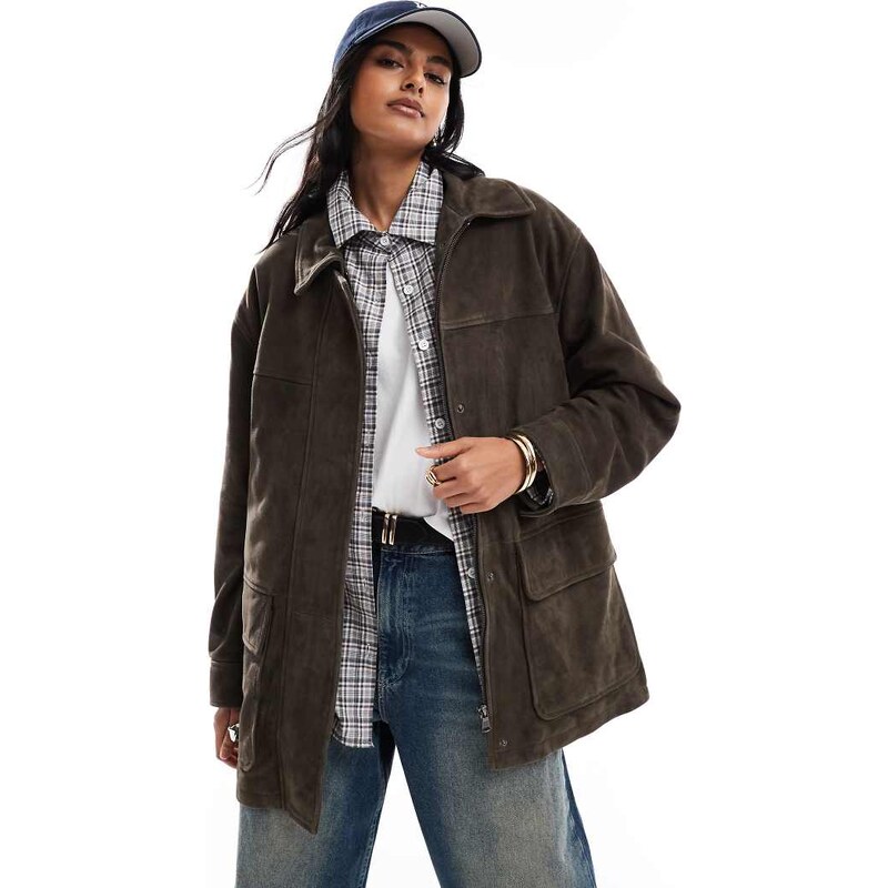 ASOS DESIGN leather harrington jacket in dark olive-No colour