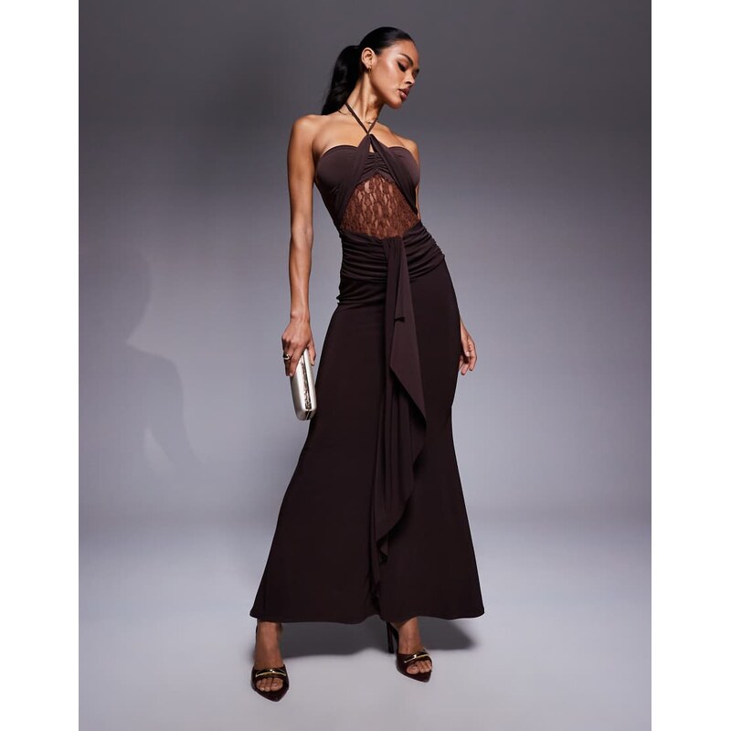 ASOS DESIGN layered lace detail halter maxi dress-Brown