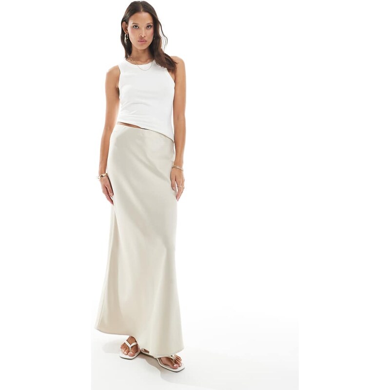 Vero Moda satin bias midi skirt in stone-Neutral