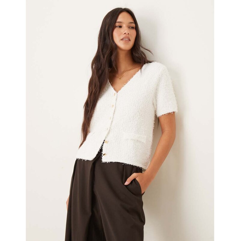 Mango fluffy short sleeve cardigan in white