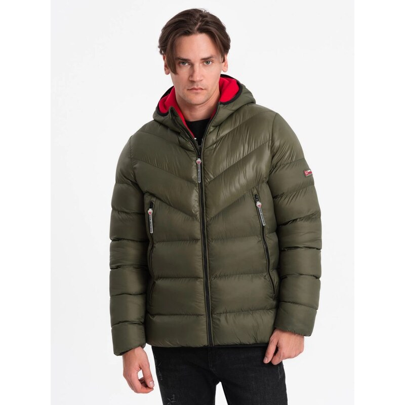 Ombre Clothing Prošívaná lesklá olivová zimní bunda V3 JAHP-0145