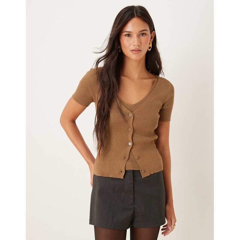 Mango double layered short sleeve fine knit cardigan in toffee-Brown 115640258
