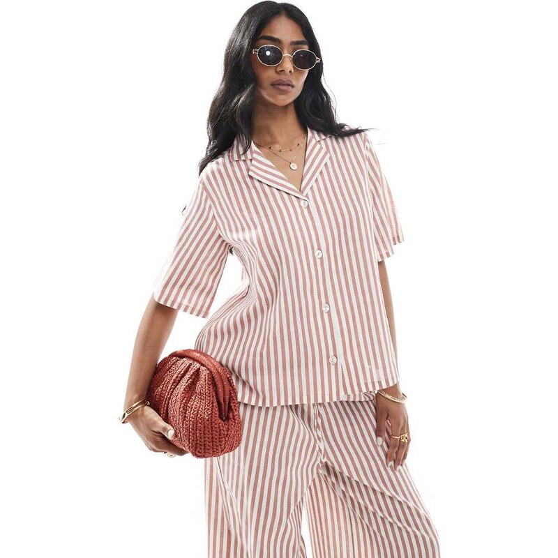 Wednesdays Girl button through linen boxy striped shirt co-ord in tan 107571066