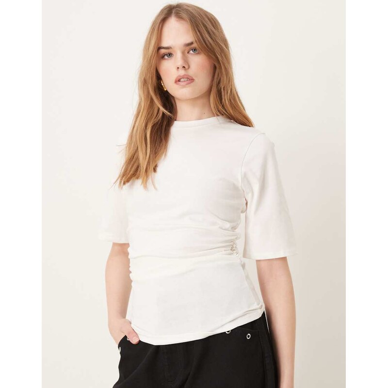 Vila ruched side detail short sleeve t-shirt in cream-White 107571055