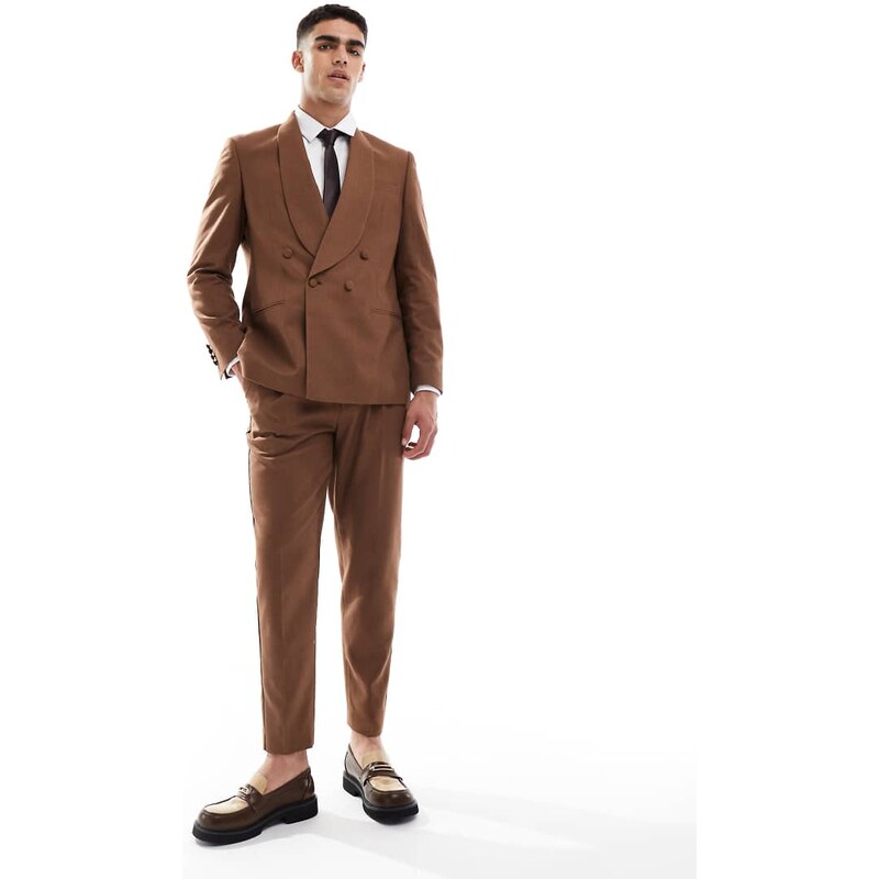 ASOS DESIGN cotton linen blend tapered suit trousers in brown