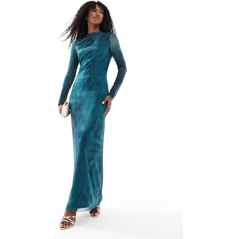 Vero Moda long sleeve drapey mesh maxi dress in teal and green