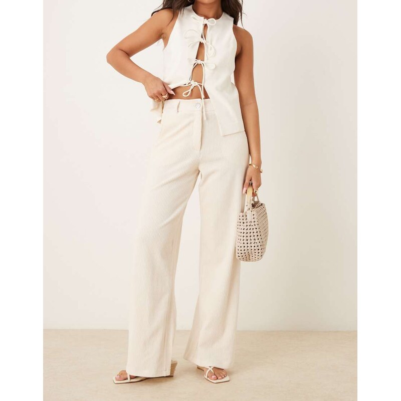 Vila high waisted corduroy trousers in cream-White
