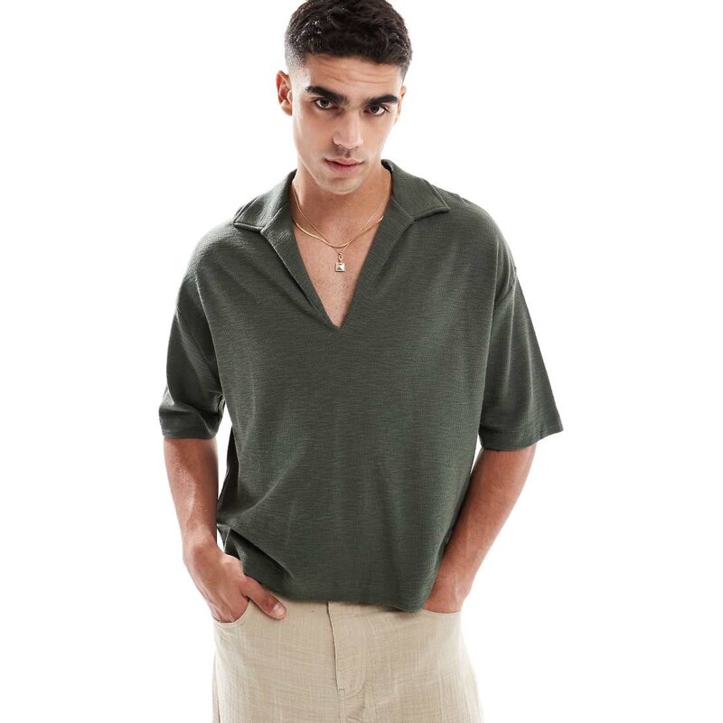 ASOS DESIGN oversized deep v polo in khaki texture-Green